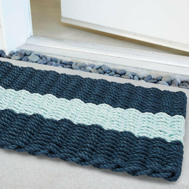 Lobster Rope Doormats, Outdoor Door Mats, Wicked Good Door Mats Made in Maine, Navy with Seafoam Stripe, Angled View in Front Door